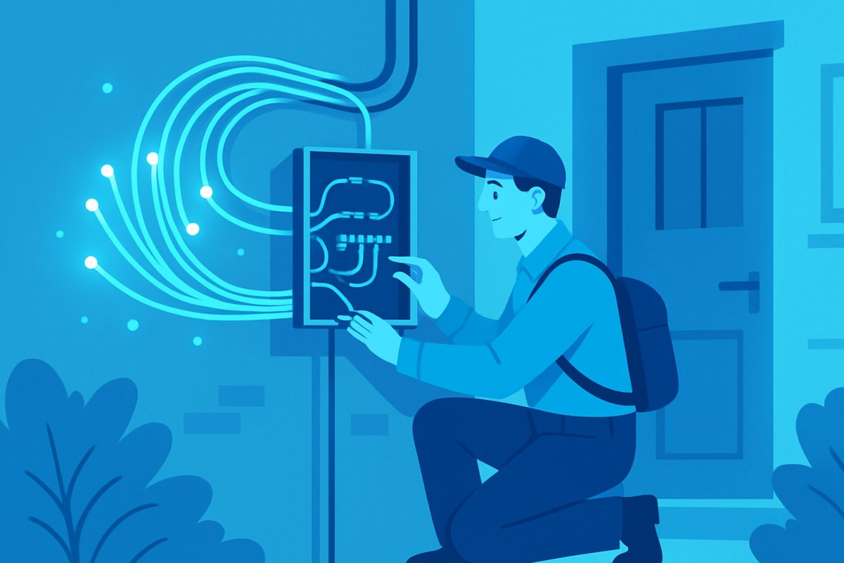 Ilustrácia technika pri vchode do bytového domu kontrolujúceho optickú skrinku a vodiče v okolí.
