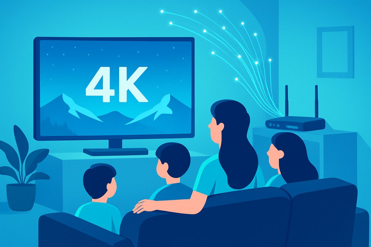 Rodina sledujúca film v obývačke na veľkej televízii s vizuálom 4K a routerom v pozadí.